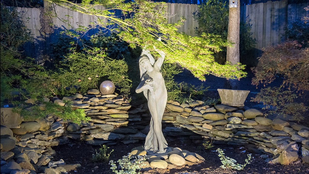 Exterior sculpture with specialty lighting